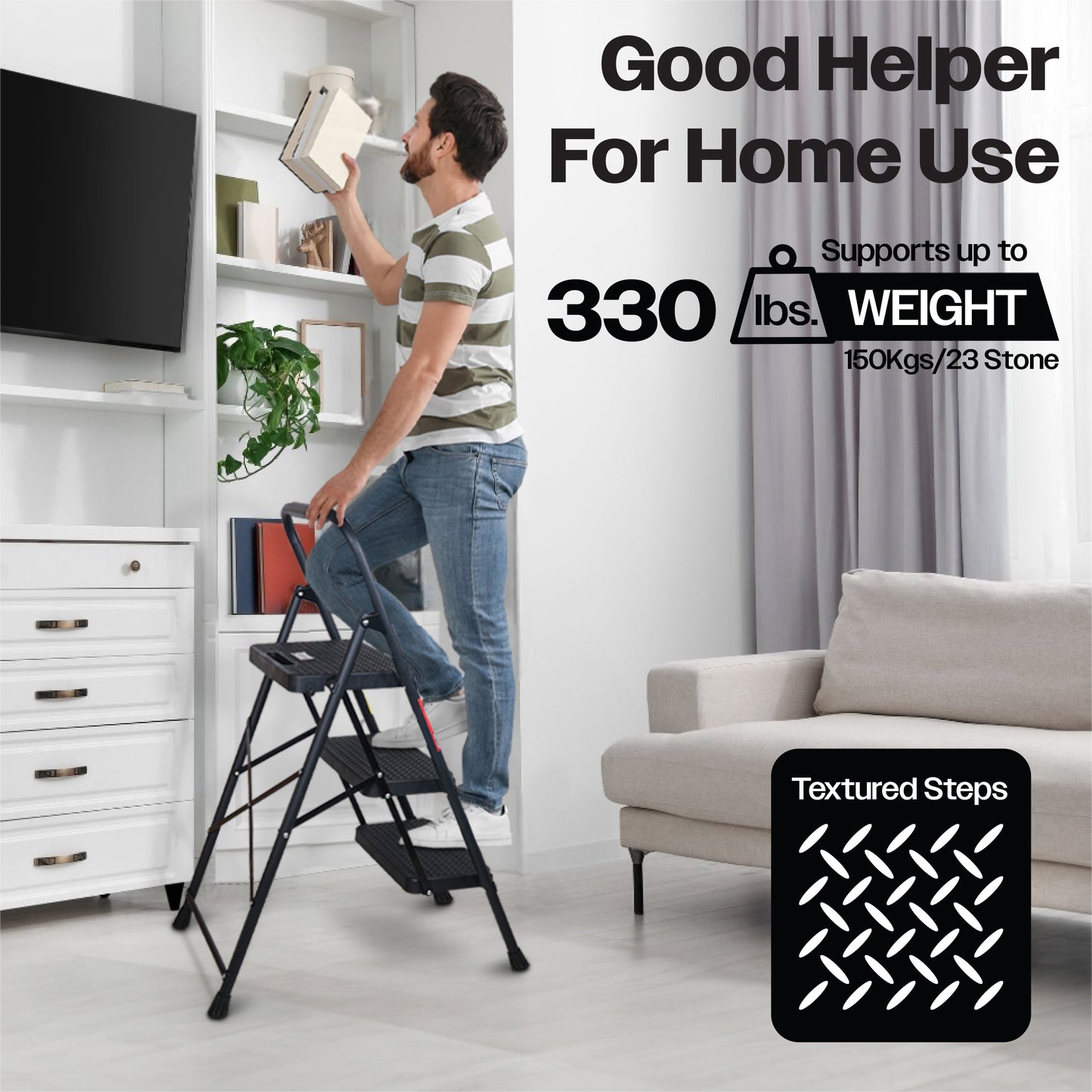 Bestfor Folding 3 Step Stool Ladder, Durable Steel, Non-Slip Feet and Steps, 150kg Capacity