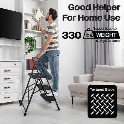 Bestfor Folding 3 Step Stool Ladder, Durable Steel, Non-Slip Feet and Steps, 150kg Capacity