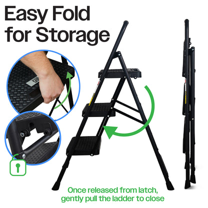 Bestfor Folding 3 Step Stool Ladder, Durable Steel, Non-Slip Feet and Steps, 150kg Capacity