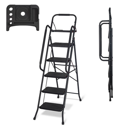 BestFor 5‑Step Ladder with Handrails & Tool Tray – Secure Folding Step Stool for Decorating, Cleaning & Loft Access