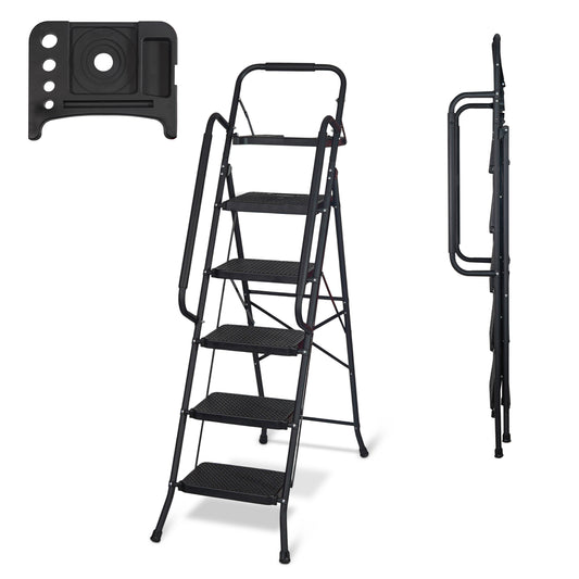 BestFor 5‑Step Ladder with Handrails & Tool Tray – Secure Folding Step Stool for Decorating, Cleaning & Loft Access