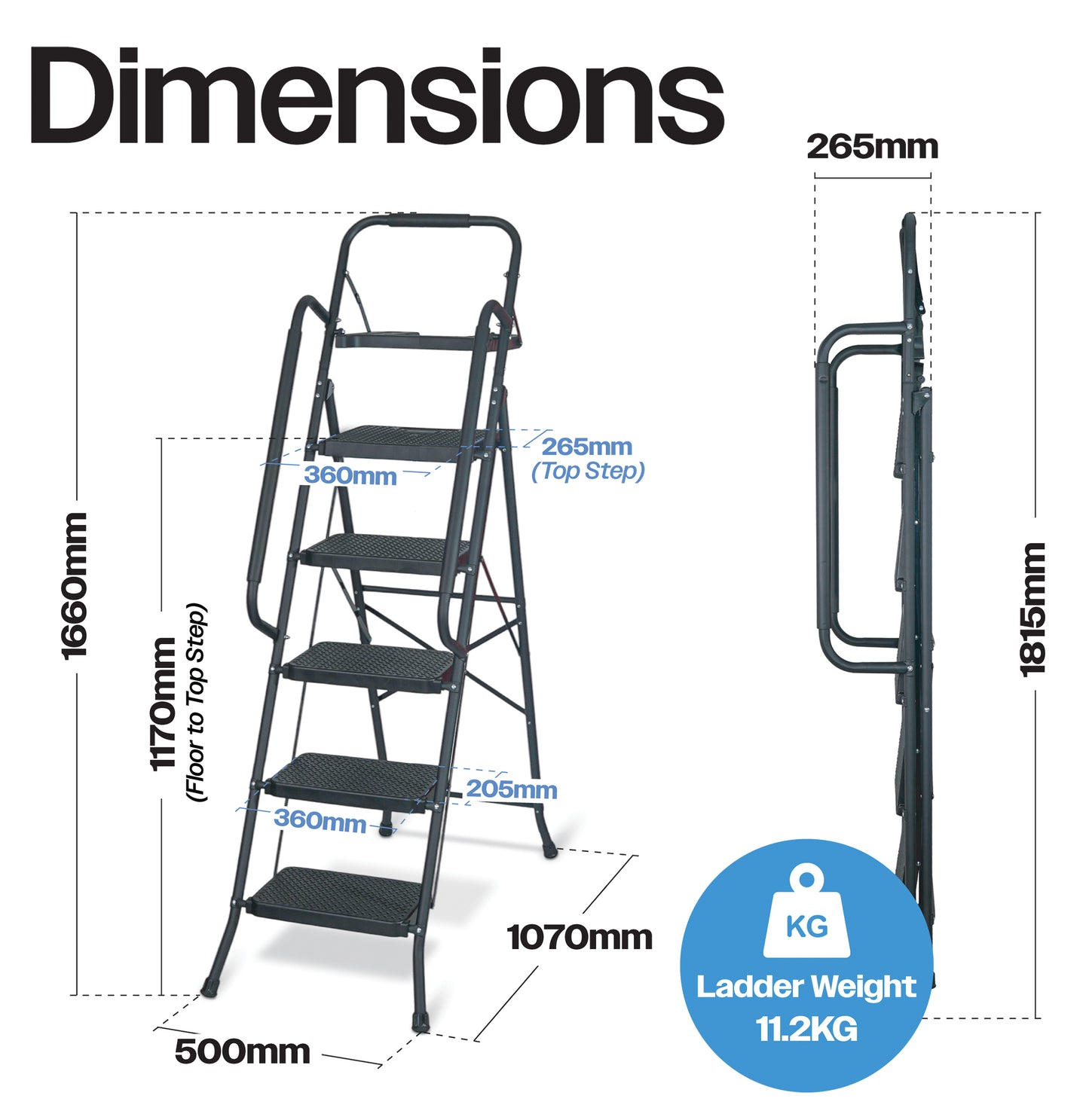 BestFor 5‑Step Ladder with Handrails & Tool Tray – Secure Folding Step Stool for Decorating, Cleaning & Loft Access