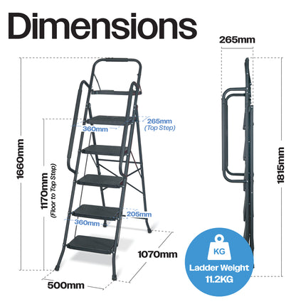 BestFor 5‑Step Ladder with Handrails & Tool Tray – Secure Folding Step Stool for Decorating, Cleaning & Loft Access