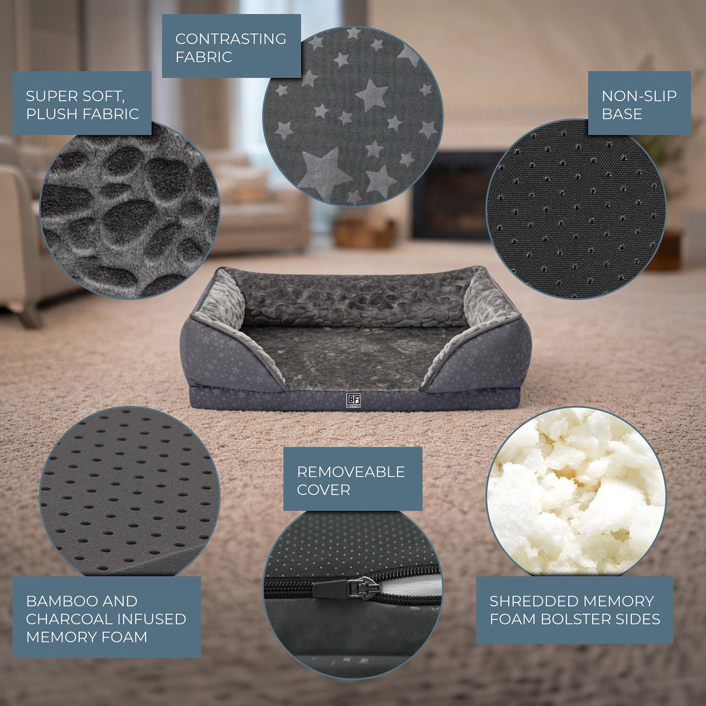 Orthopedic Couch Pet Bed with Egg Crate Bamboo and Memory Foam, Large - Charcoal