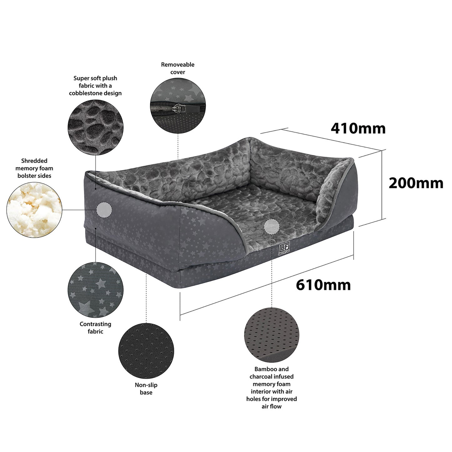 Orthopedic Couch Pet Bed with Egg Crate Bamboo and Memory Foam, Small - Charcoal