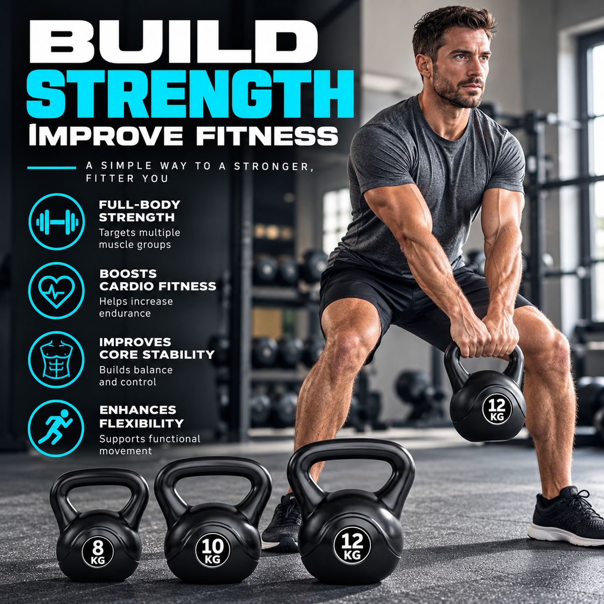 Bestfor Kettlebell Weight Set – 8kg, 10kg & 12kg | 3-Piece Home Gym Bundle
