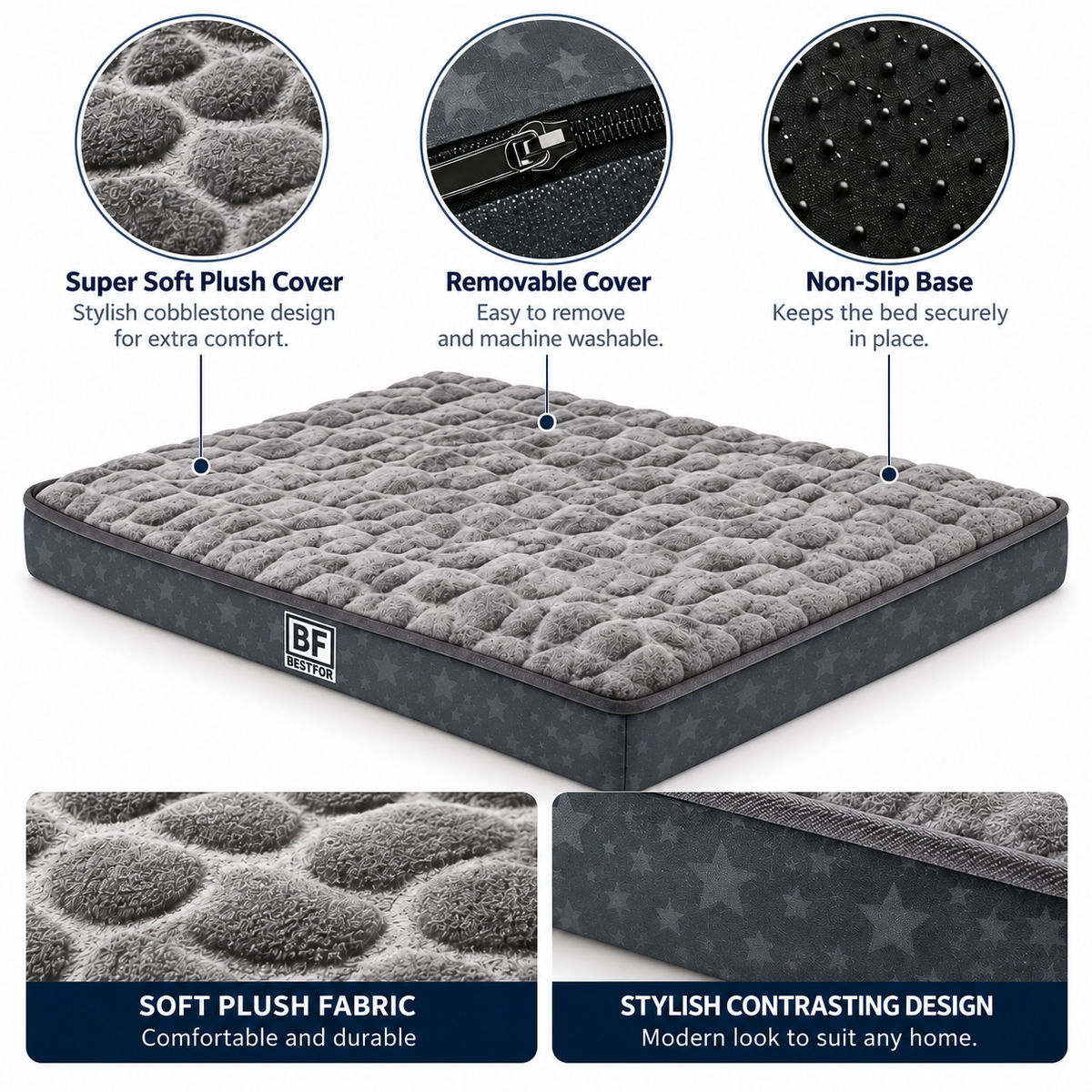A gray quilted mattress shown on a white background with feature callouts and close-up inset images. The image highlights a super soft plush cover, a removable cover, a non-slip base, soft plush fabric, and a stylish contrasting design.