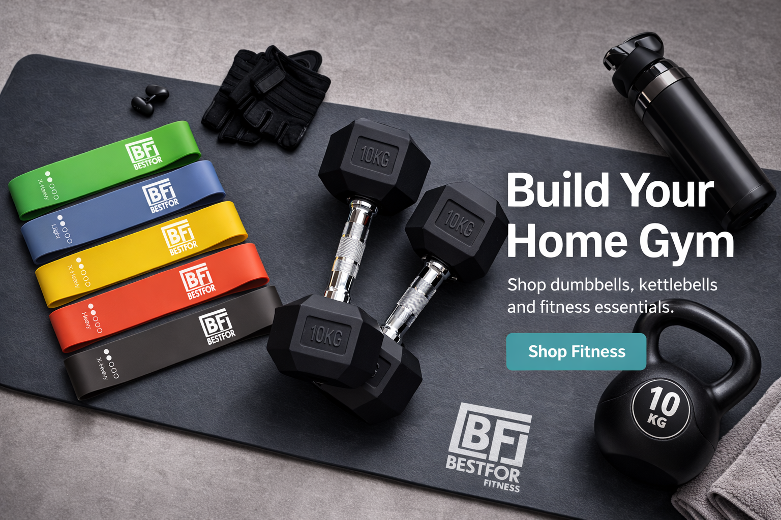 Gym equipment including dumbbells, kettlebells, and resistance bands on a mat with BFI Bestfor Fitness branding.