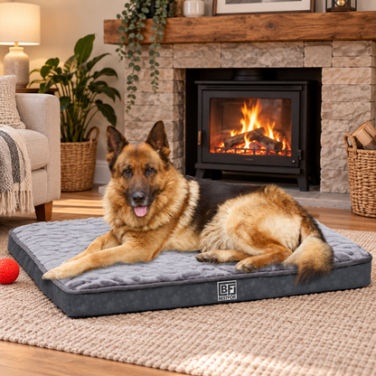 A German Shepherd lies on a gray rectangular dog bed in a cozy living room with a fireplace, rug, lamp, and plants in the background.