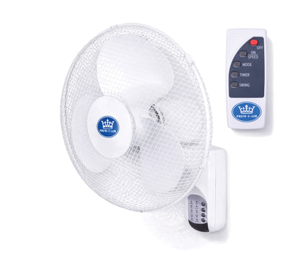 Wall-mounted fan with remote control on a white background