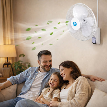Family sitting on a couch with a wall-mounted fan blowing air, creating a cooling effect.