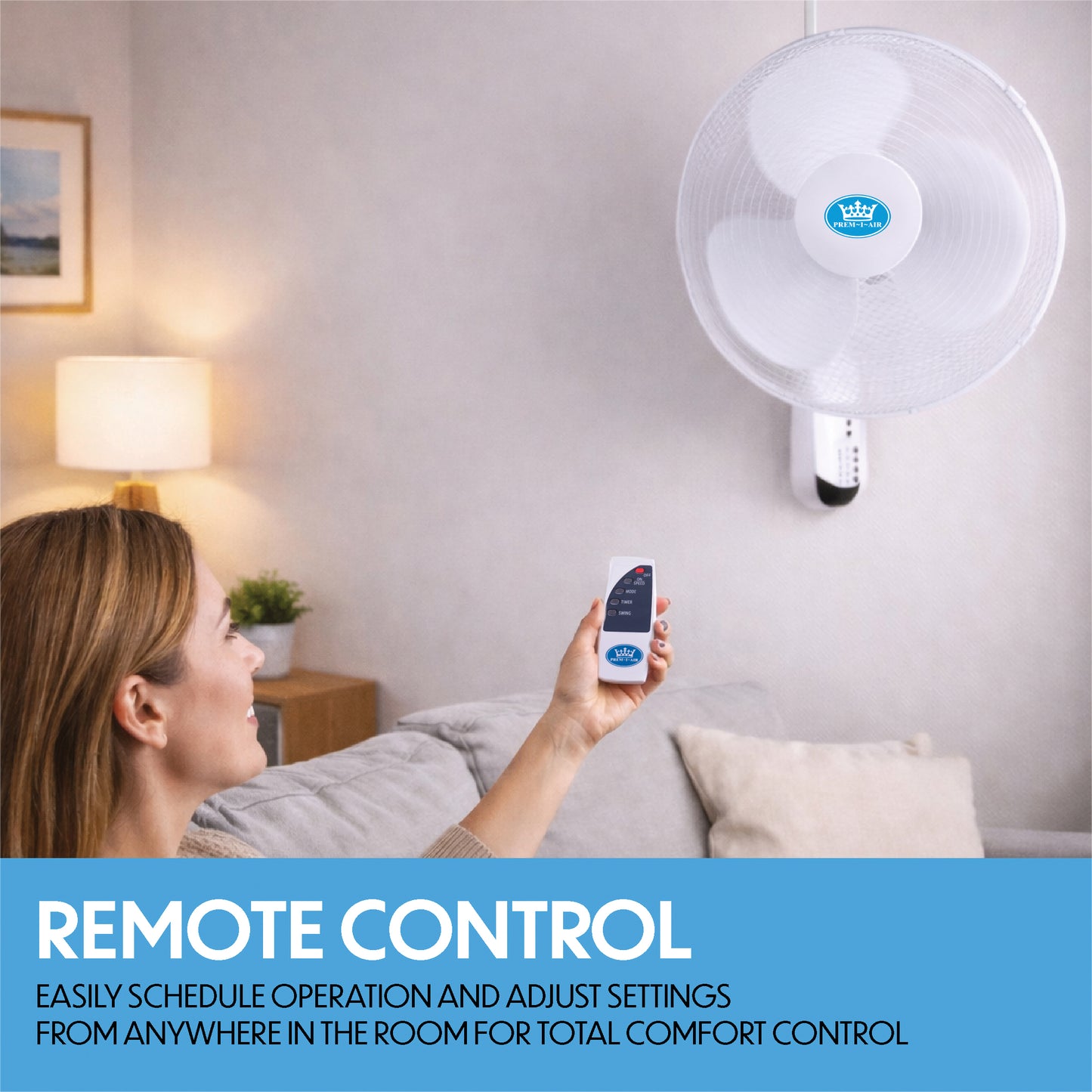Prem-I-Air 16" Wall Fan with Remote Control & Timer – Oscillating 3 Speed Cooling Fan