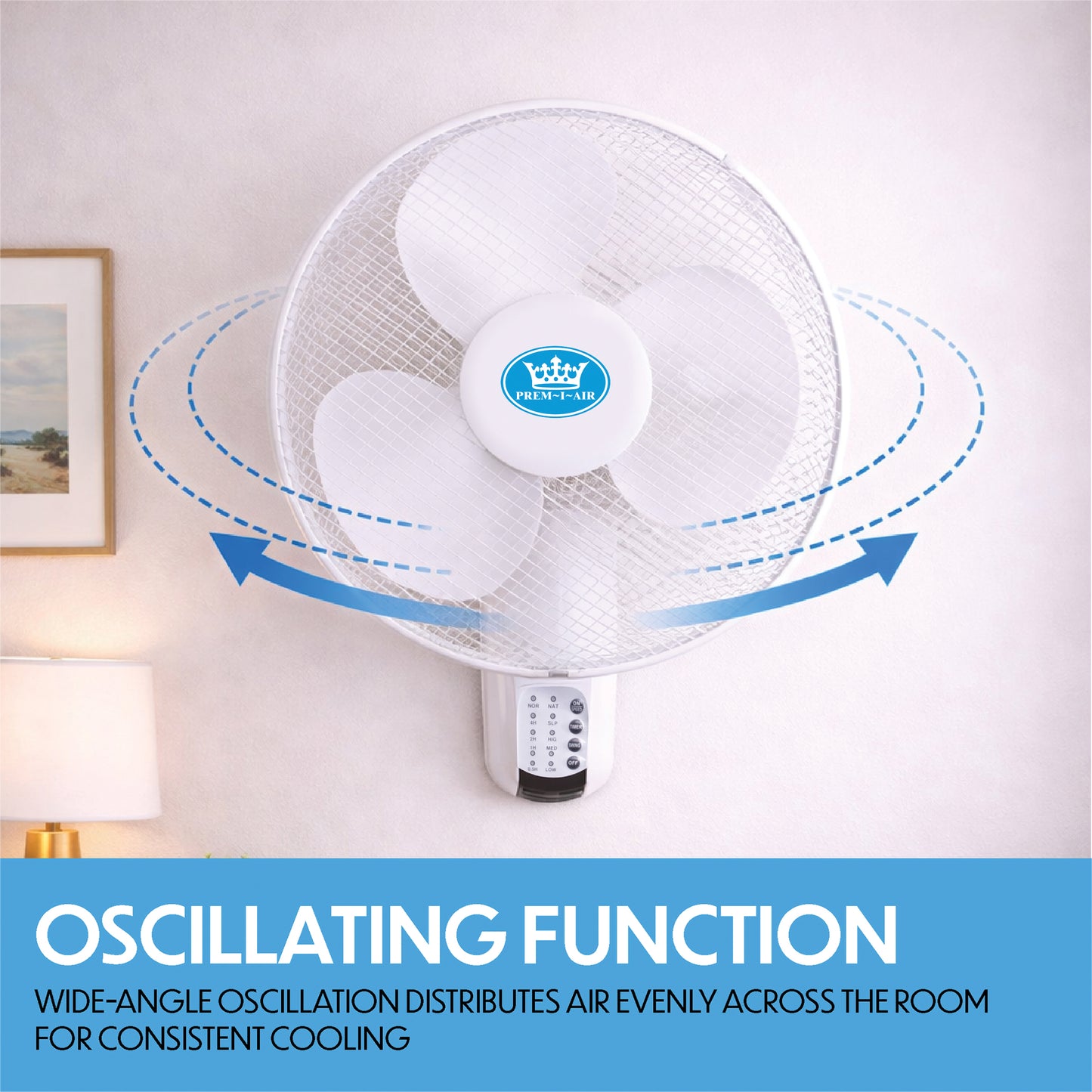 Prem-I-Air 16" Wall Fan with Remote Control & Timer – Oscillating 3 Speed Cooling Fan