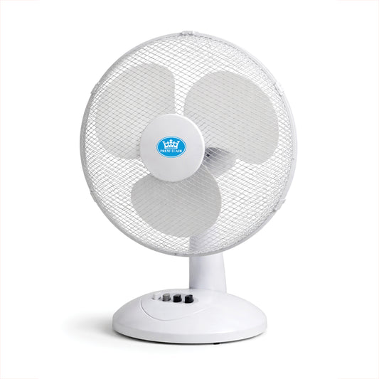 White desk fan with a visible brand logo on a white background