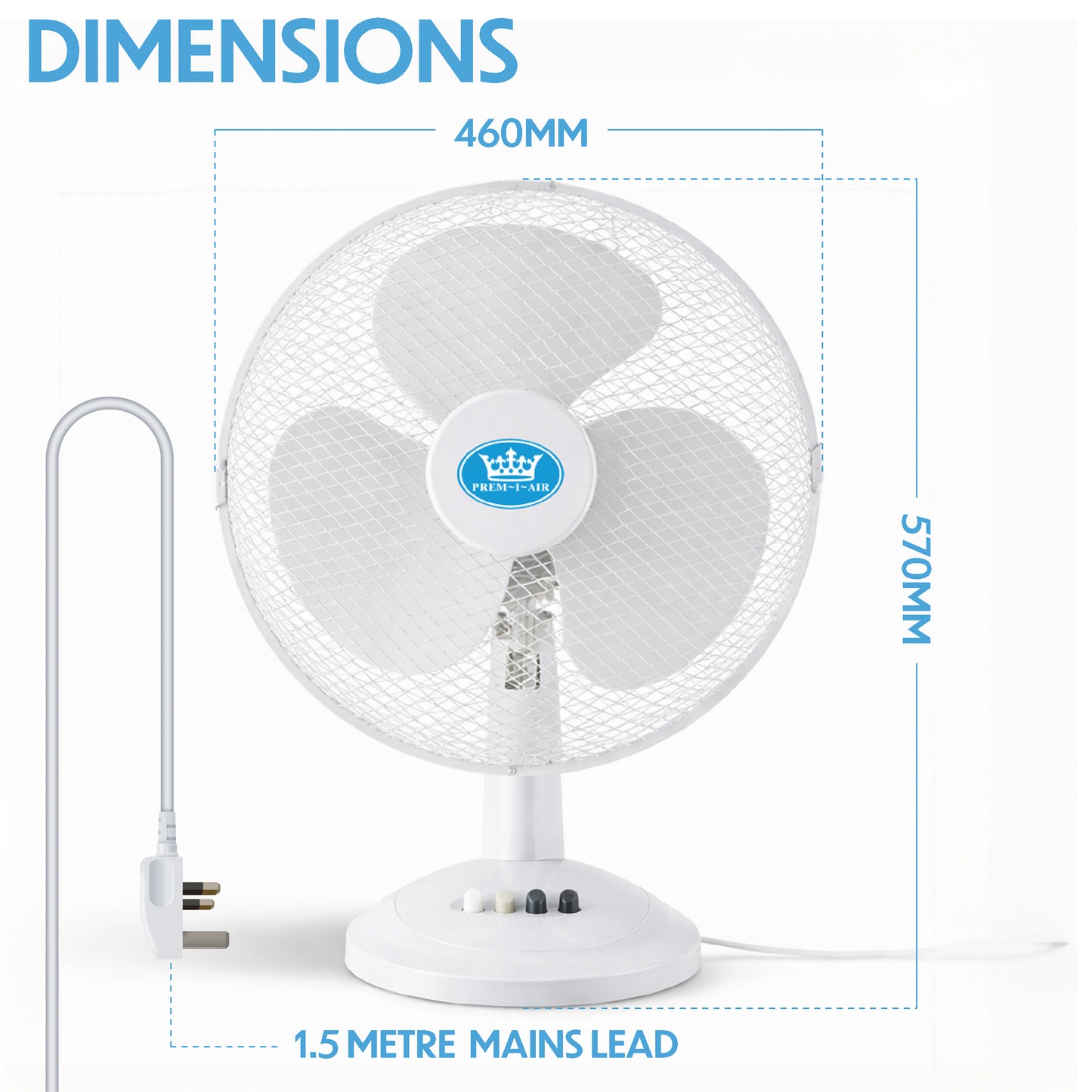 Prem-I-Air 16" Desk Fan with Oscillation – 3 Speed Portable Table Fan, White