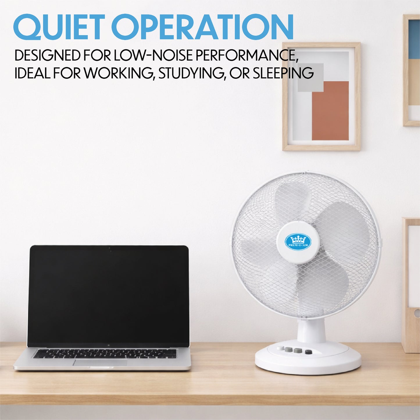 Prem-I-Air 16" Desk Fan with Oscillation – 3 Speed Portable Table Fan, White