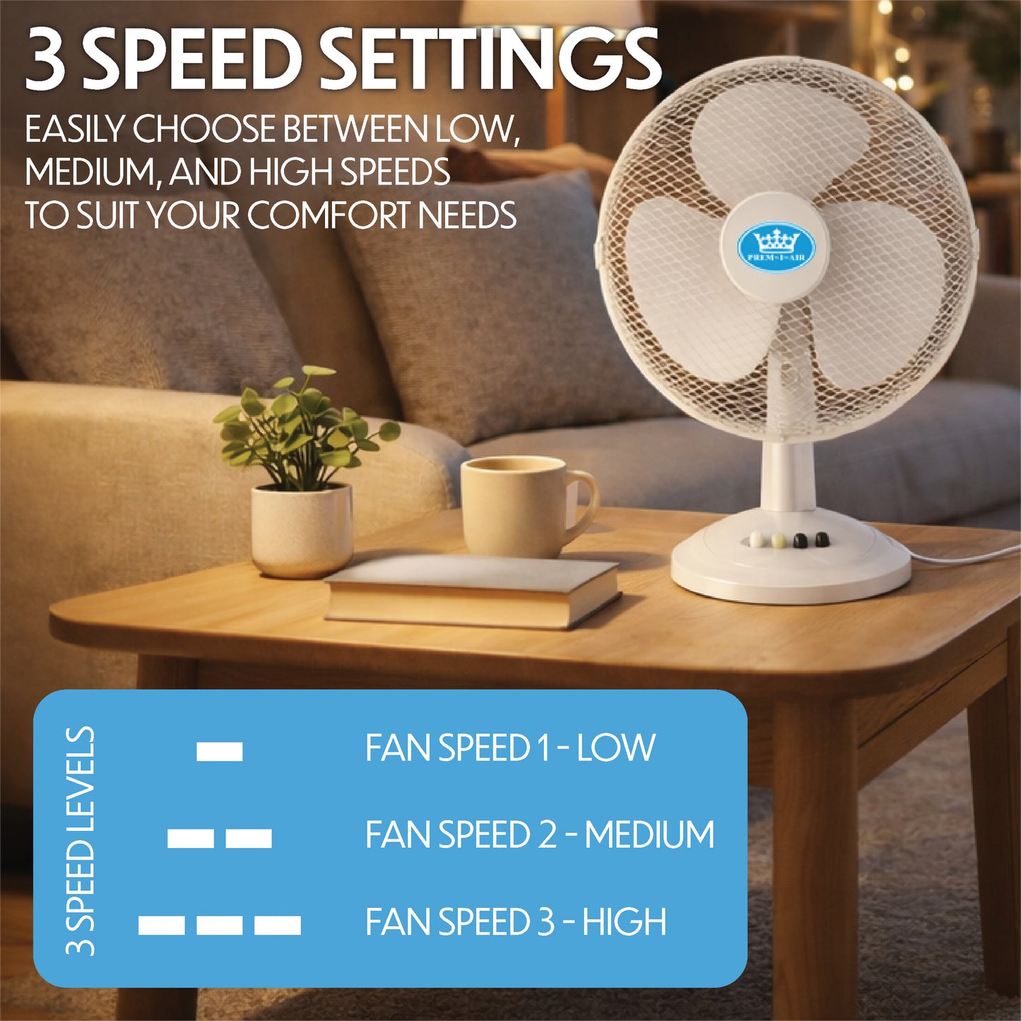 Prem-I-Air 16" Desk Fan with Oscillation – 3 Speed Portable Table Fan, White