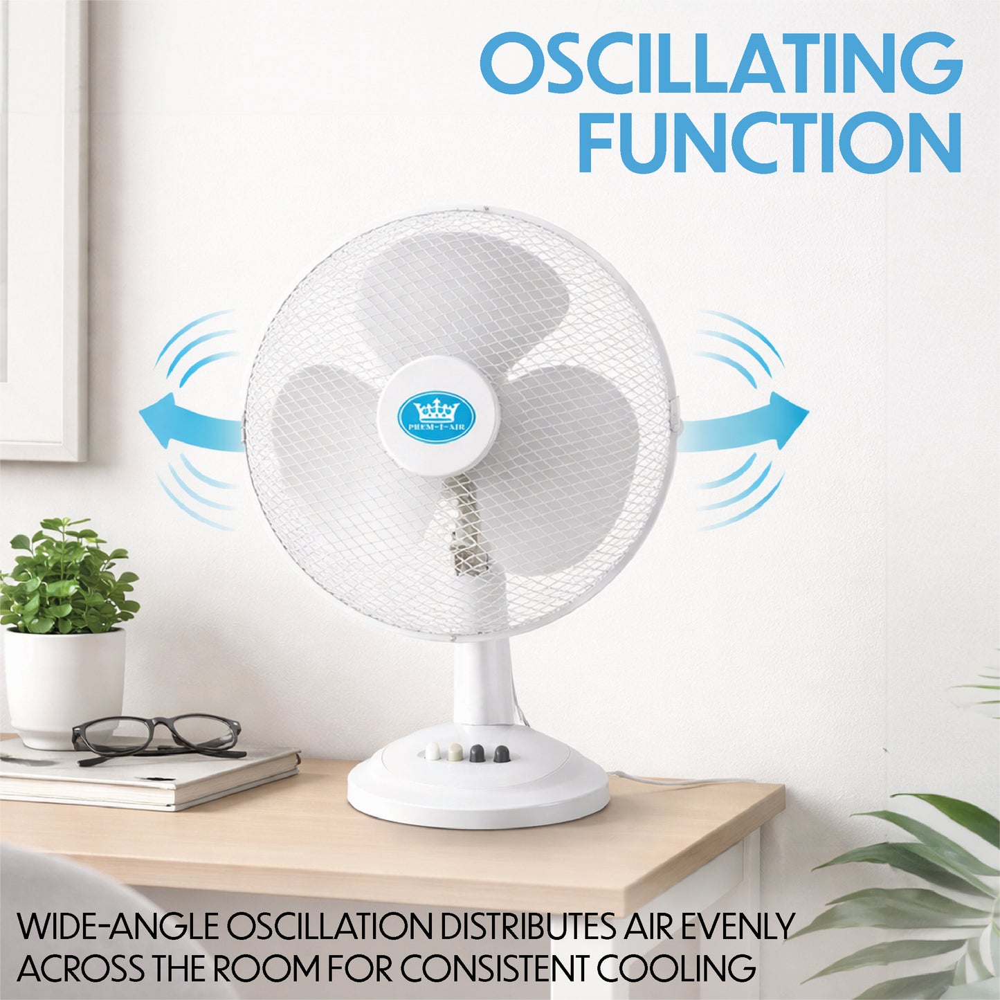 Prem-I-Air 16" Desk Fan with Oscillation – 3 Speed Portable Table Fan, White