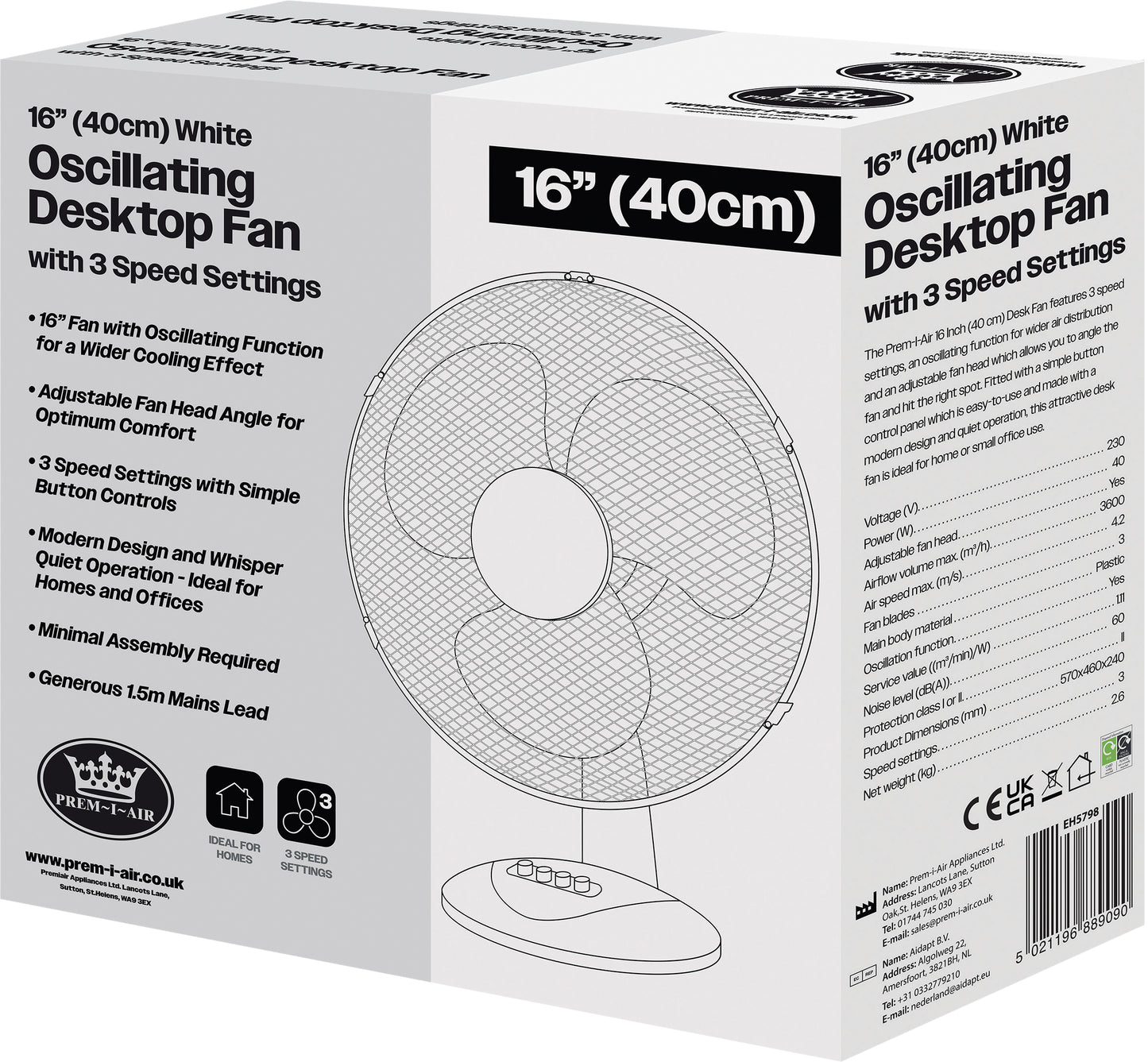 Prem-I-Air 16" Desk Fan with Oscillation – 3 Speed Portable Table Fan, White