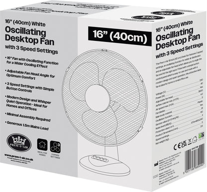 Prem-I-Air 16" Desk Fan with Oscillation – 3 Speed Portable Table Fan, White