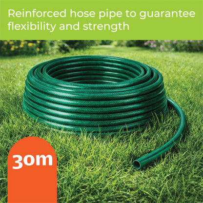 30M Reinforced Garden Hosepipe Kit with Spray Nozzle & Connectors – 13mm Flexible Water Hose