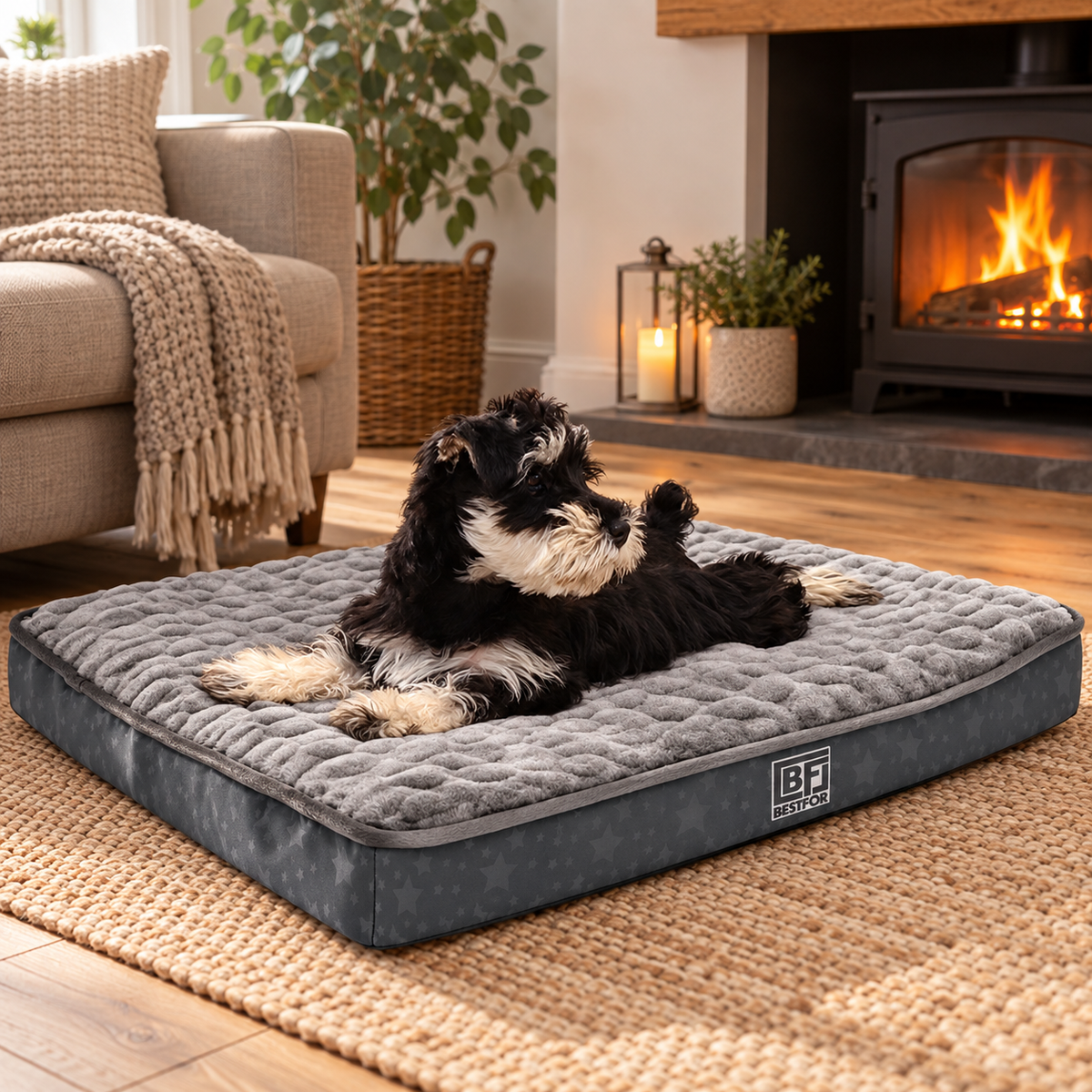 A small black-and-white dog lies on a square gray quilted pet bed in a cozy living room with a fireplace, sofa, plants, and a woven rug.