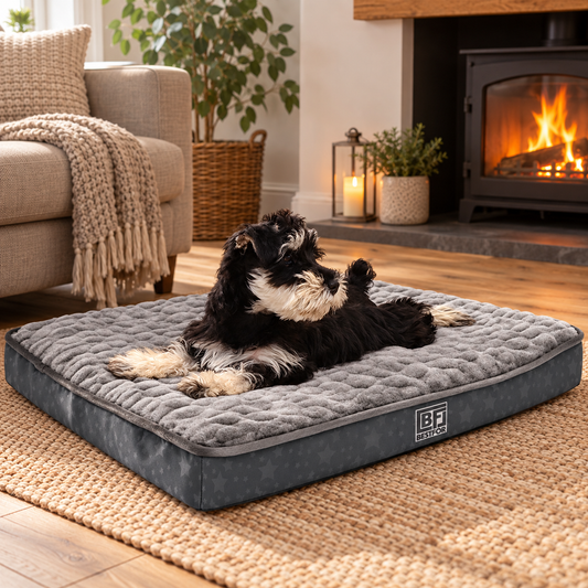 A small black-and-white dog lies on a square gray quilted pet bed in a cozy living room with a fireplace, sofa, plants, and a woven rug.