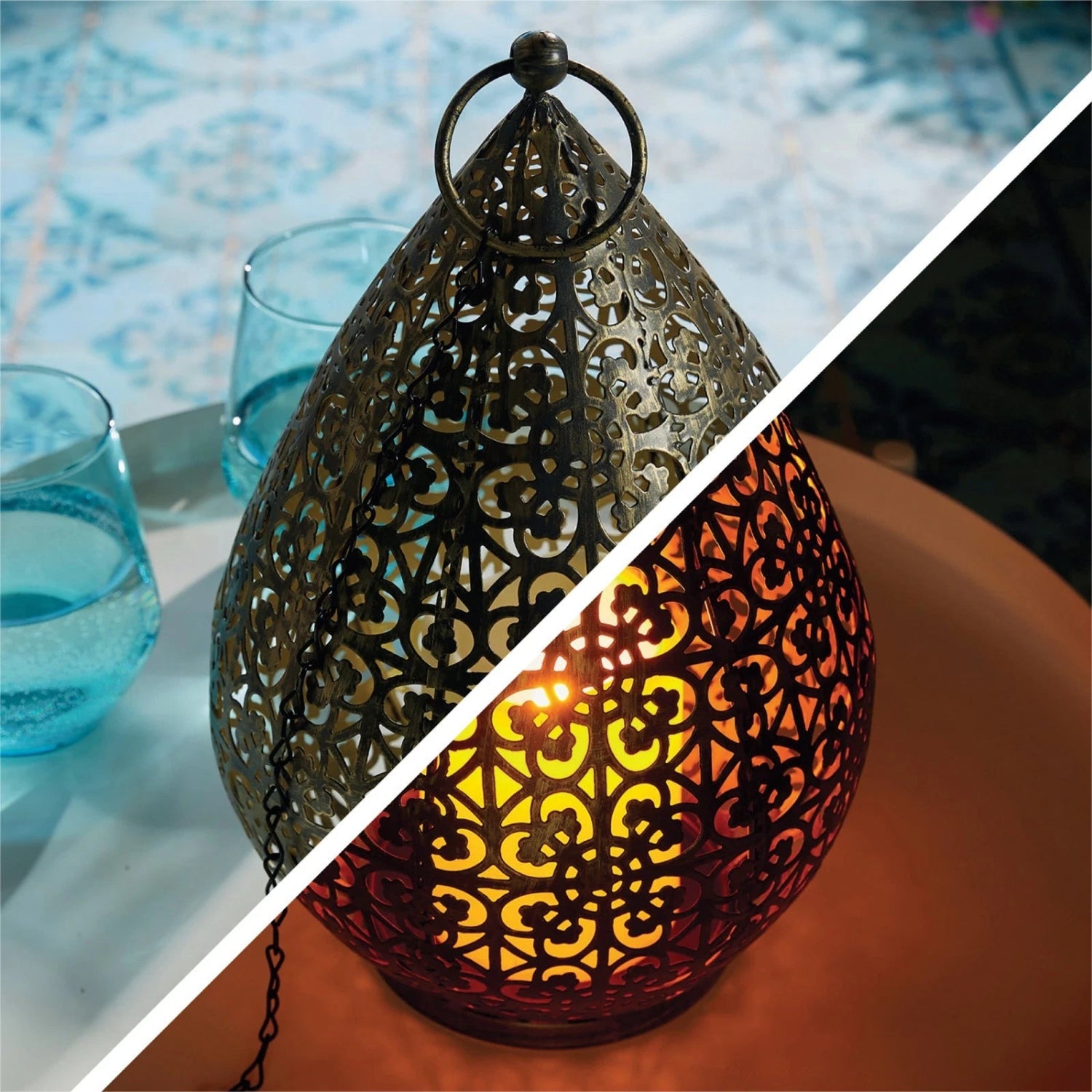 Decorative lantern with intricate patterns on a table with blue glasses in the background