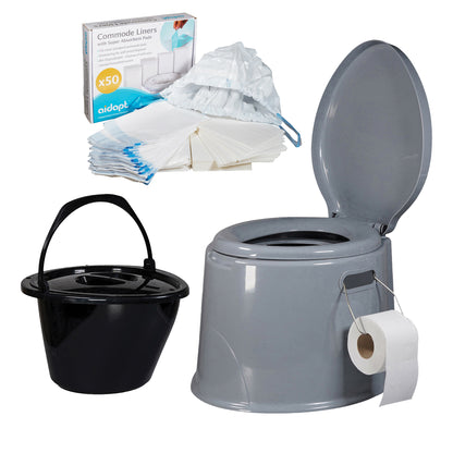 Portable toilet with commode liners, bucket, and toilet paper on a white background
