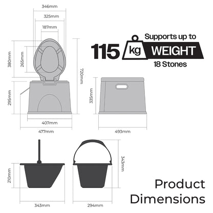 Product dimensions chart with weight capacity and product details on a white background