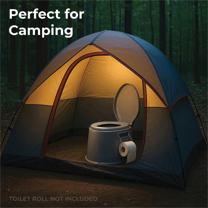 Camping toilet inside a tent with 'Perfect for Camping' text and 'Toilet roll not included' note.
