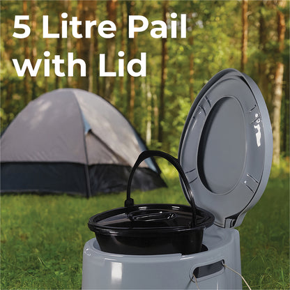 5 litre pail with lid in front of a camping tent in a forest setting