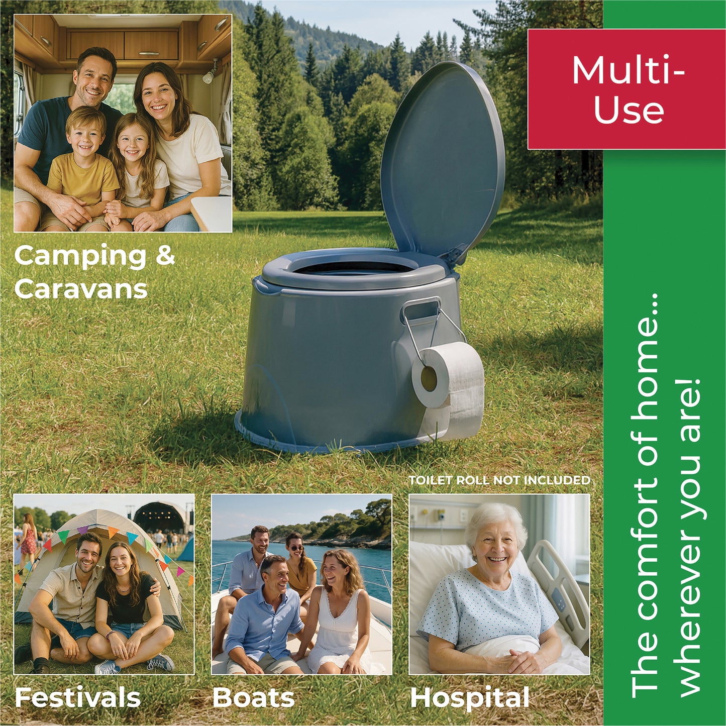 Portable toilet with family scenes and text highlighting its use in camping, caravans, festivals, boats, and hospitals.