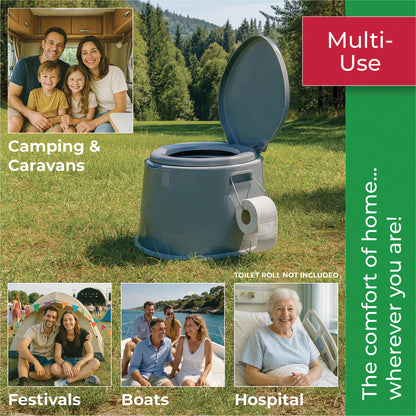 Portable toilet with family scenes and text highlighting its use in camping, caravans, festivals, boats, and hospitals.