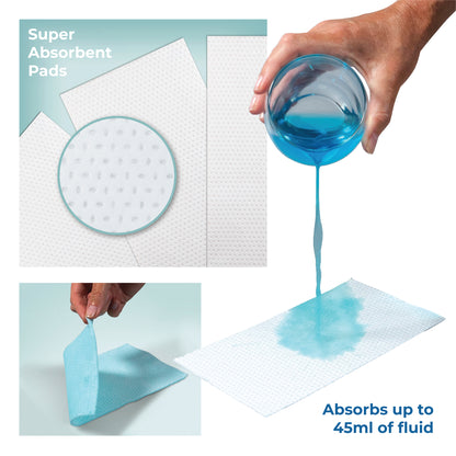 Super absorbent pads absorbing blue liquid with text indicating capacity.