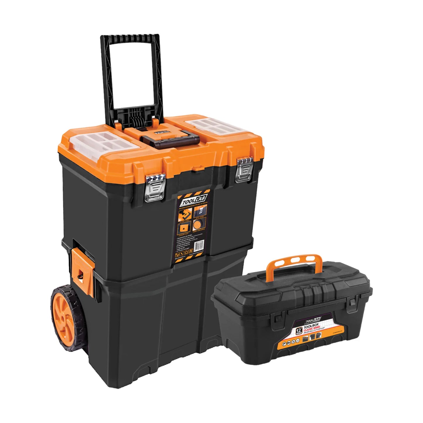 Tool Lab 2 Tier Rolling Tool Box Kit with Wheels – Portable Lockable Tool Storage Box + 12” Toolbox