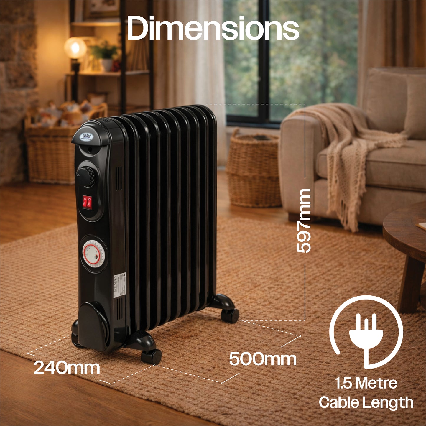 Prem‑I‑Air 2.5kW 11‑Fin Oil‑Filled Radiator with 24‑Hour Timer, Adjustable Thermostat & Overheat Safety Protection – Portable Electric Heater (Black)
