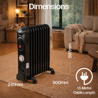 Prem‑I‑Air 2.5kW 11‑Fin Oil‑Filled Radiator with 24‑Hour Timer, Adjustable Thermostat & Overheat Safety Protection – Portable Electric Heater (Black)