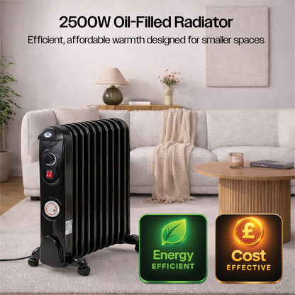 Prem‑I‑Air 2.5kW 11‑Fin Oil‑Filled Radiator with 24‑Hour Timer, Adjustable Thermostat & Overheat Safety Protection – Portable Electric Heater (Black)