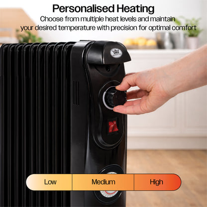 Prem‑I‑Air 2.5kW 11‑Fin Oil‑Filled Radiator with 24‑Hour Timer, Adjustable Thermostat & Overheat Safety Protection – Portable Electric Heater (Black)