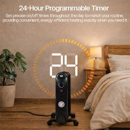 Prem‑I‑Air 2.5kW 11‑Fin Oil‑Filled Radiator with 24‑Hour Timer, Adjustable Thermostat & Overheat Safety Protection – Portable Electric Heater (Black)