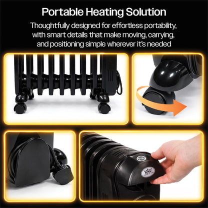 Prem‑I‑Air 2.5kW 11‑Fin Oil‑Filled Radiator with 24‑Hour Timer, Adjustable Thermostat & Overheat Safety Protection – Portable Electric Heater (Black)