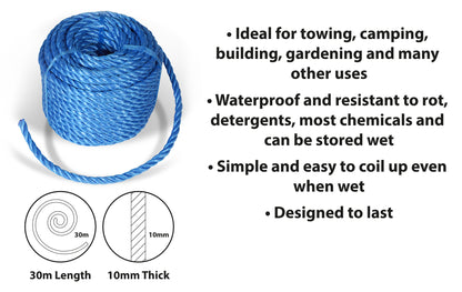 3 Strand 10mm Nylon Rope Blue 30m
