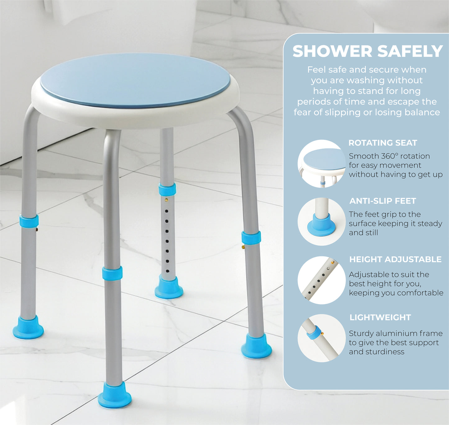 Aidapt Rotating Bath Stool 360° – Adjustable Shower Seat, Non‑Slip, Lightweight Bathroom Safety Aid
