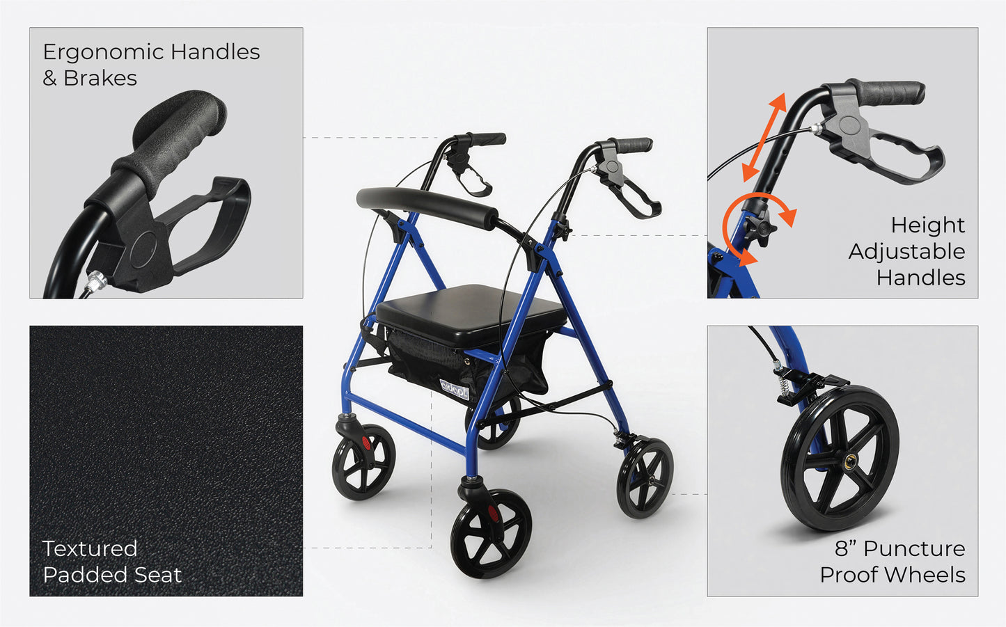 Aidapt Steel Folding Rollator Walker with Padded Seat & 8" Puncture-Proof Wheels