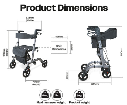 Lightweight Aluminium Rollator with Seat, Backrest & Bag – Adjustable Height, Folding 4-Wheel Walker (8.95kg)