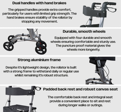 Lightweight Aluminium Rollator with Seat, Backrest & Bag – Adjustable Height, Folding 4-Wheel Walker (8.95kg)